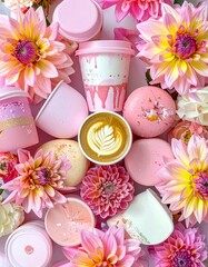 A collection of coffee cups and lattes arranged amidst a vibrant display of pink and purple flowers. The composition showcases the drinks and blooms in a visually appealing and artistic manner.