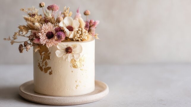 Elegant floral cake with dried flowers and gold accents on minimalist plate, brown wedding, mocha color, earth tone, dark palette, minimalist style, fall palette, rustic - Powered by Adobe
