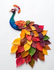 A peacock artfully constructed using colorful autumn leaves. The peacock's body and tail are meticulously crafted with leaves arranged to mimic the bird's form and vibrant plumage.
