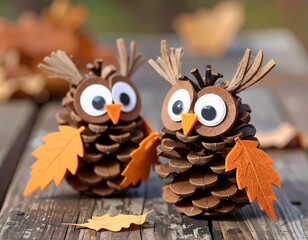 Two handmade owl crafts made from pinecones, with felt details for the eyes, beaks, and wings. They are sitting on a wooden surface with some fall leaves scattered around.