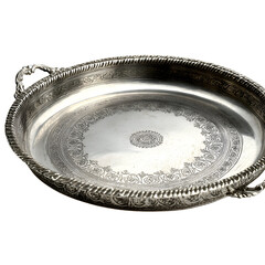 Silver Tray's Opulence: An elegant silver tray, gleaming with intricate patterns and designed with attention to detail. The reflective surface captures the light, creating a stunning visual display.