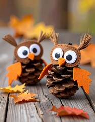 Two handmade owl figurines crafted from pine cones and felt. They are decorated with googly eyes and orange felt wings, and are set on a wooden surface with autumn leaves.