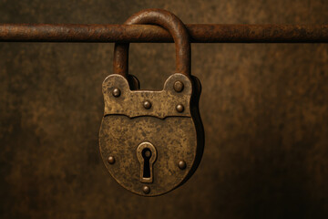 Vintage padlock hanging on rusty metal bar with textured surface and warm lighting creating nostalgic and secure atmosphere