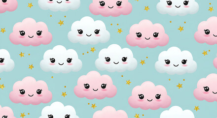 Fototapeta premium Seamless pattern of cute pink and white clouds with smiling faces and small gold stars on a light blue background.