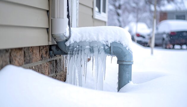 Icicles from a home's drainpipe in winter snow