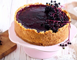 A baked cheesecake topped with a dark berry glaze and fresh berries is presented on a pink cake stand. The crust is golden brown.