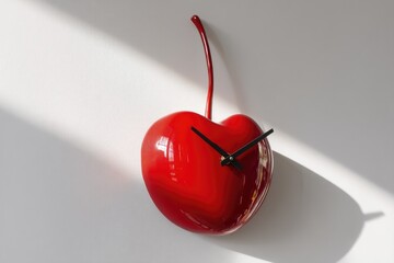 Cherry-shaped red wall clock with shadow on white background, fake food, dopamine design, food-shaped, kidult, food-inspired items