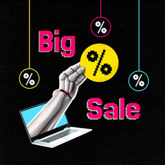 A robotic hand holds a discount sticker next to the text Big Sale. Concept of online shopping, cyber monday, and digital sales.