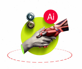 Vibrant art collage showing a handshake between human and artificial intelligence. Symbol of cooperation, technology, and digital connection in a modern world.