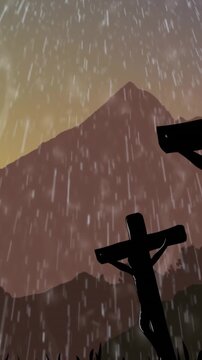 Animation of crosses and rain over mountains