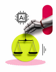 Creative art collage depicting a robot hand holding the scales of justice. Concept of artificial intelligence in the legal and judicial system. Symbol of fairness and technology.