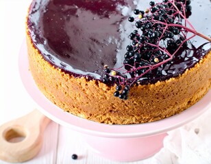 A cheesecake with a dark glaze sits on a pink cake stand, garnished with a sprig of berries. The cake is placed on a white wooden surface.