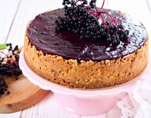 A cheesecake topped with a dark, glossy glaze and decorated with clusters of dark berries. The cake sits on a pink cake stand.