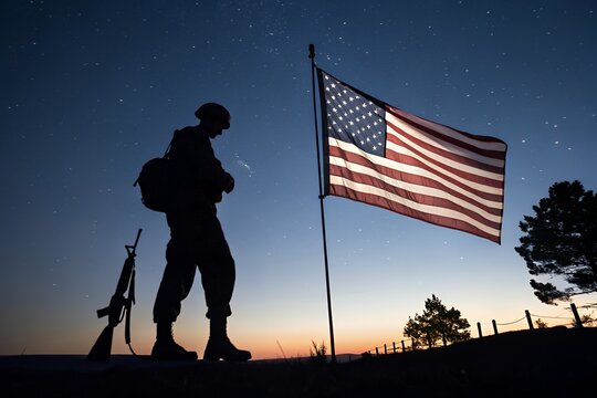 Silhouette of a soldier standing beside an american flag under a starry night sky