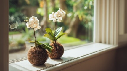 Fototapeta na wymiar White orchids in kokedama style on sunny windowsill with greenery background