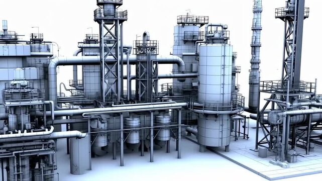 A detailed 3D wireframe model of an industrial plant.  Complex structures of tanks, pipes, and elevated platforms
