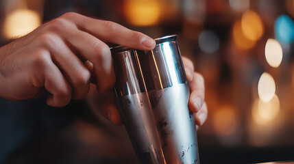 Close-up of a bartender's hands sealing a cocktail shaker, ready to craft a delicious drink. The blurred background suggests a lively bar atmosphere. Classic beverage preparation.