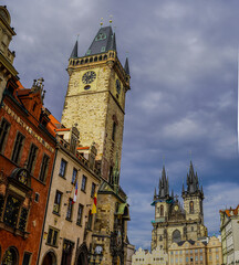 Prague Astronomical Clock and Old Town Square with St. Nicholas Church and Týn Church — iconic European landmark and popular travel destination.