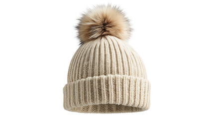 Beige knit beanie with soft ribbed texture and fluffy faux fur pompom isolated on white background
