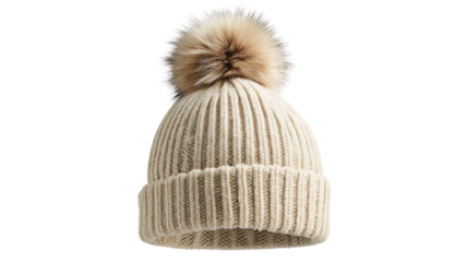 Beige knit beanie with soft ribbed texture and fluffy faux fur pompom isolated on white background