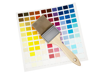 Paint cans, roller and color guide on transparent background. 3D illustration