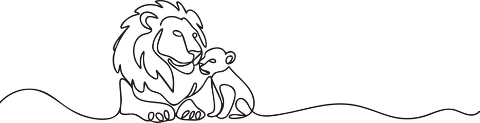 Continuous one line drawing of a lioness with small cubs symbolizing family love, protection, and wildlife in minimalist outline art style