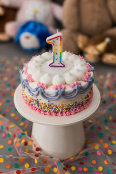 Closeup Birthday Smash Cake for a first birthday party for a girl Carnival style with Teddy bears and plush toys