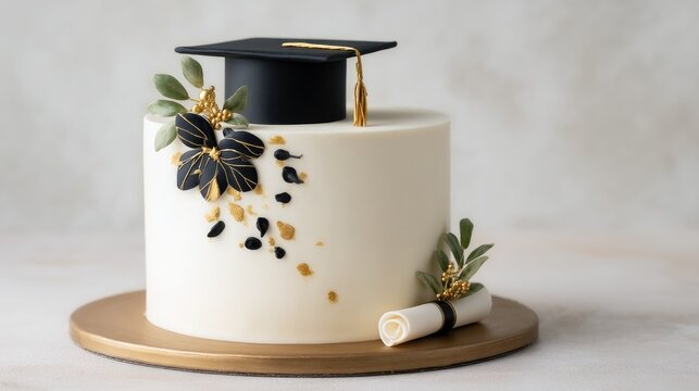 Elegant graduation cake with black cap and gold accents