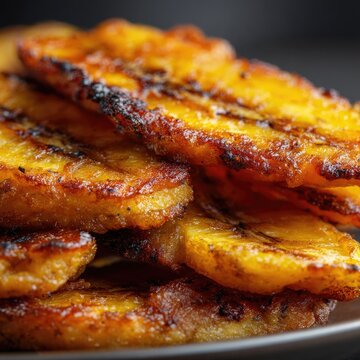 Close-up of grilled caramelized plantains on a plate, Caribbean cuisine, street food, tropical, tajadas, plantain slice, banana chips, fried plantains, golden snack