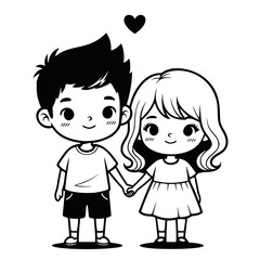 Cartoon couple holding hands black and white style