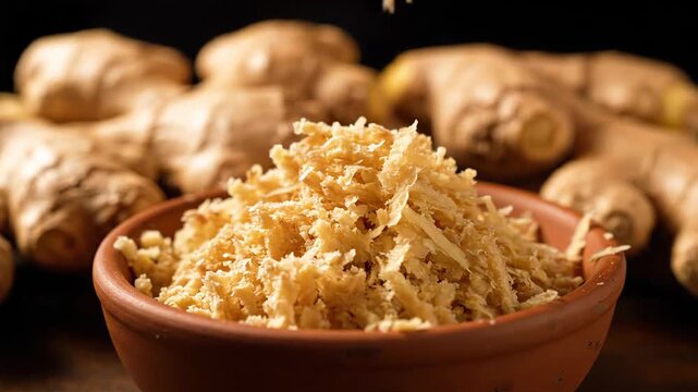 Freshly grated ginger root cascading into a charming terracotta bowl. A vibrant raw rhizome displayed on a wooden backdrop, perfect for nutritious meals and holistic remedies