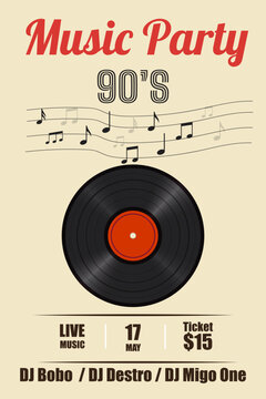 90s music party vinyl record ticket flyer with retro neon lighting