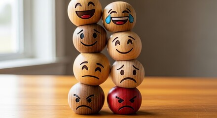 Wooden Emoji Stack Representing Various Emotions from Happy to Angry Feelings