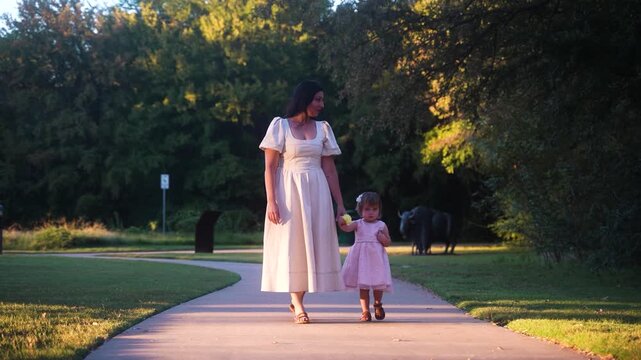 Mother and Small Toddler Daughter Walking Along Sidewalk and Holding Hands in Green Park at Golden Hour of Sunset