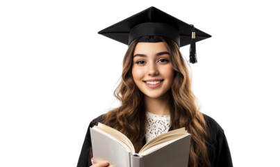 Smiling young woman in graduation gown and cap reading a book isolated on transparent background happy student celebrating graduation