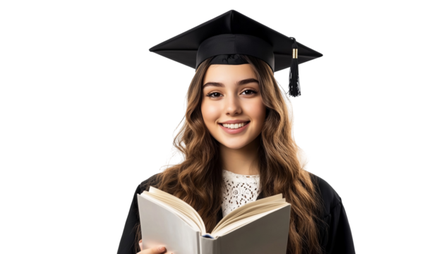 Smiling young woman in graduation gown and cap reading a book isolated on transparent background happy student celebrating graduation