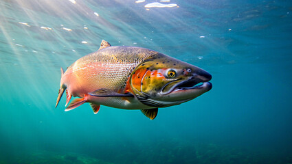Fototapeta premium Majestic Atlantic Salmon in Spawning Colors Underwater with Sun Rays.