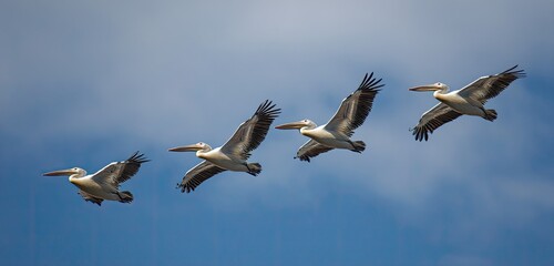 Four large white birds with dark wingtips soar against a bright blue sky. The birds are in flight