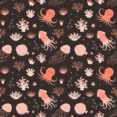 Seamless marine pattern with ocean creatures and coral reef. Vector underwater illustration