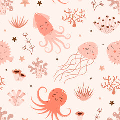 Seamless pattern with sea animals and plants. Jellyfish, octopus, coral reef. Vector marine illustration