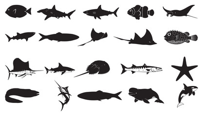 sea Fish's animals silhouette vector. Clownfish, Blue Tang, Lionfish, Manta Ray, Great White Shark, Hammerhead Shark, Whale Shark, Sea Turtle, Dolphin, Humpback Whale, Orca,