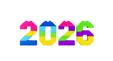 Colorful building blocks forming the year 2026, isolated on transparent background