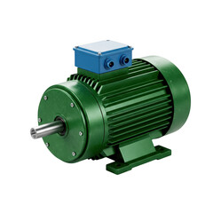 Green industrial electric motor with blue junction box isolated on transparent background
