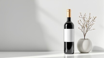 Red wine bottle mockup with blank label for logo presentation and branding in minimalist style design