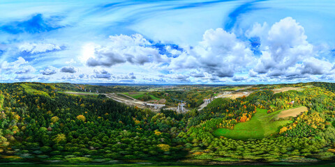 Bridging the Autumn Valley: Immersive 360° Panorama of Viaduct Construction