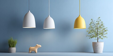 Three pendant lights of different colors above a small dog figurine and two potted plants against a blue wall