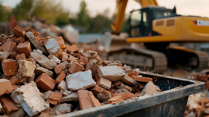 Demolition debris with brick and concrete fragments in a large container, construction machinery in the background, symbolizing urban renewal and construction site activities.