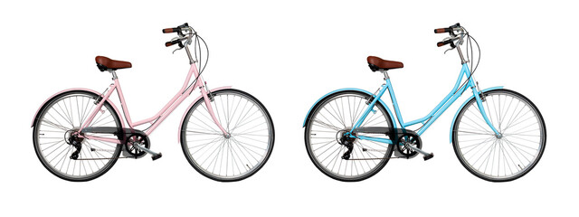 Pink retro bicycle with brown saddle and handles, generic bike isolated