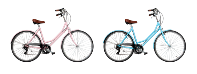 Pink retro bicycle with brown saddle and handles, generic bike isolated