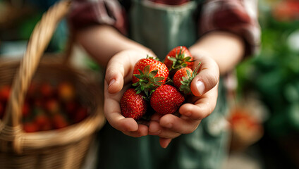 Young child with hands full of fresh, ripe strawberries, surrounded by a vibrant market scene, showcasing the joy of harvest and connection to nature's bounty